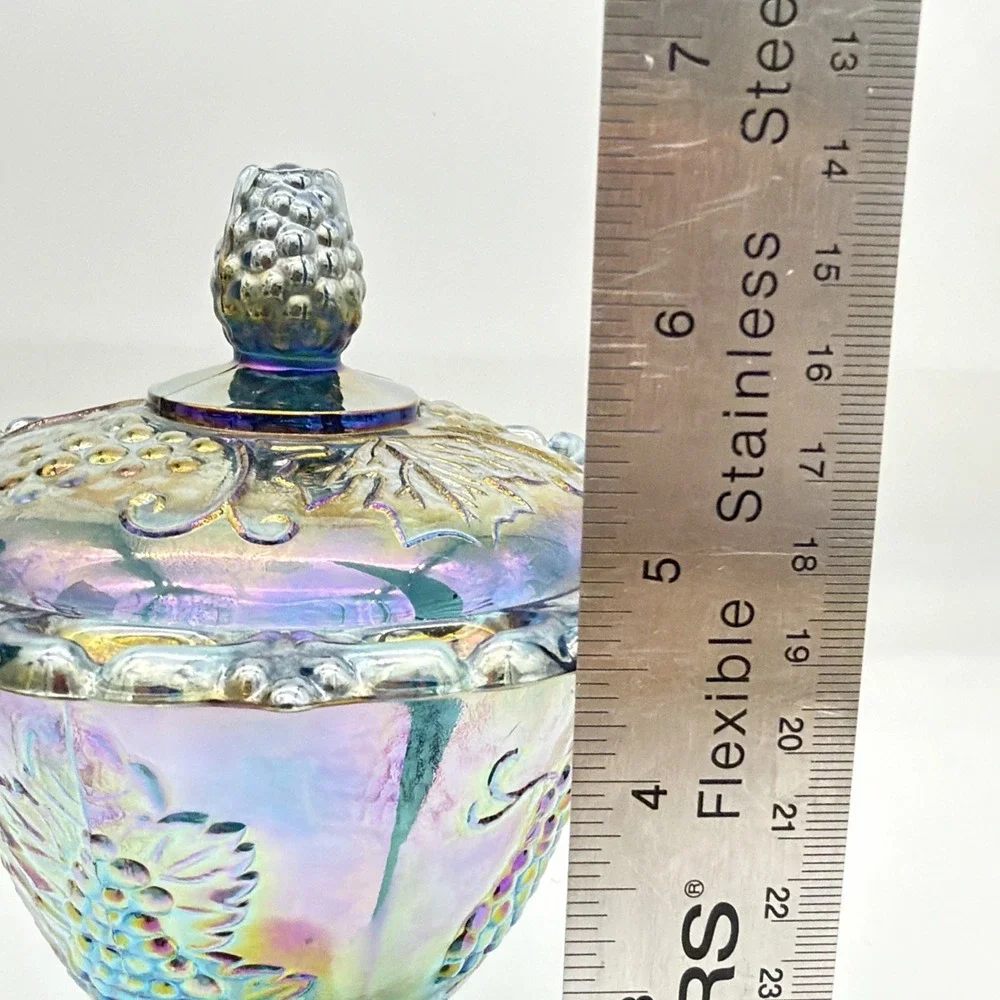 Vtg Indiana Harvest Grape Carnival Glass Covered Candy Dish Laced Pedestal Mint